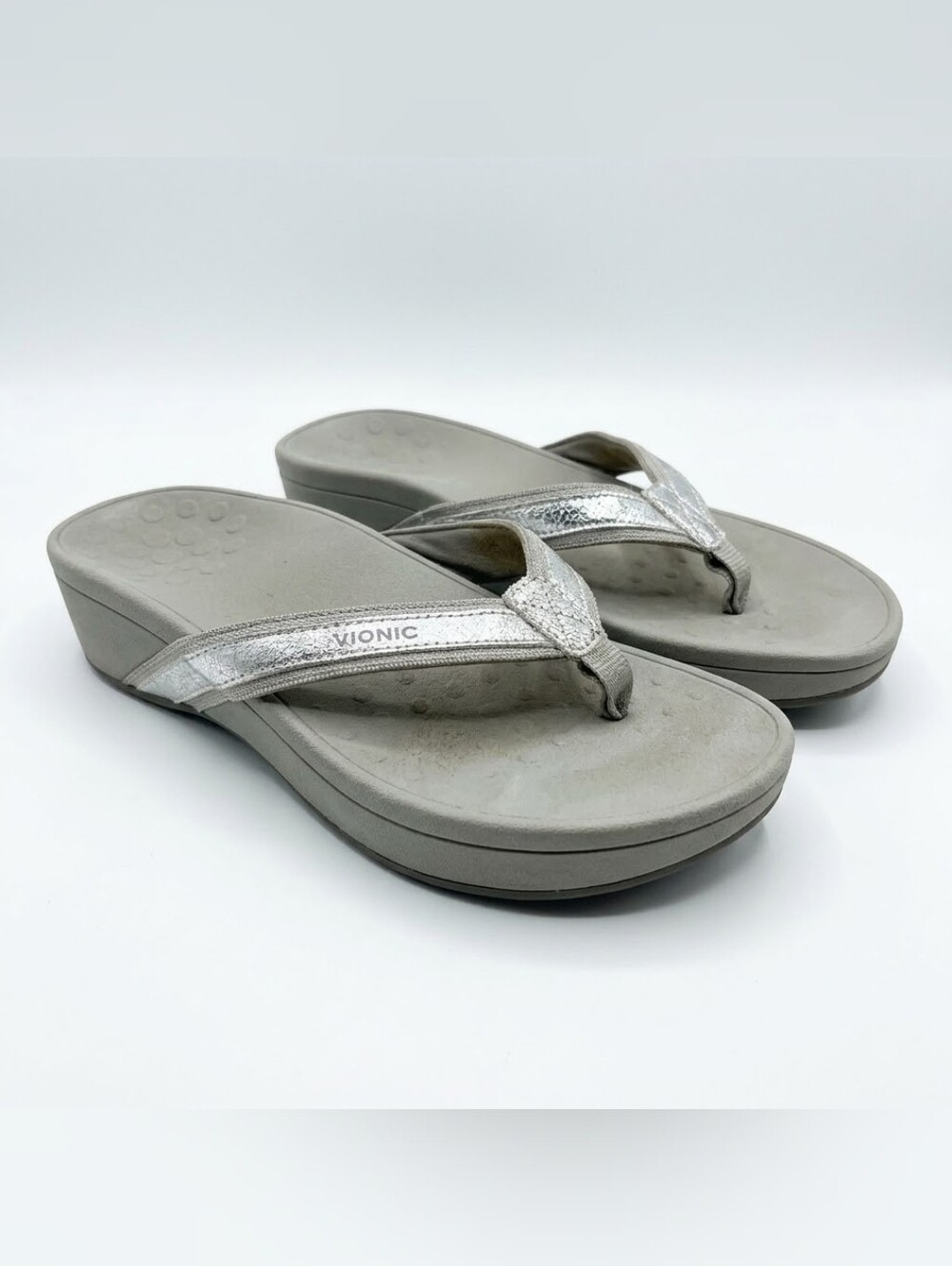 Vionic Silver Metallic Wedge Thong Sandals